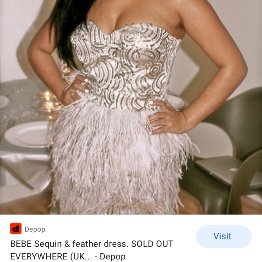 Bebe Nude/Silver sequence mini feather dress.